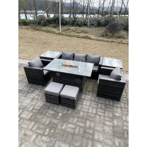 Fimous Outdoor PE Rattan Garden Furniture Gas Fire Pit Dining Table Armchairs With 2 Side Coffee Table Stools Dark Grey Mixed