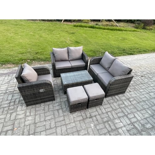 Fimous High Back Rattan Garden Furniture Set with Loveseat Sofa Rectangular Coffee Table 2 Small Footstools Indoor Outdoor Patio Lounge Sofa Set Dark Grey Mixed