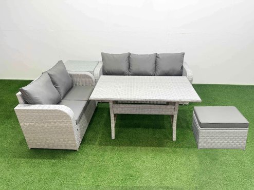 Fimous 6 Seater PE Rattan Wicker Garden Furniture Patio Conservatory Sofa Set with Rectangular Dining Table 3 Seater Sofa Love Sofa Big Footstool Side Table