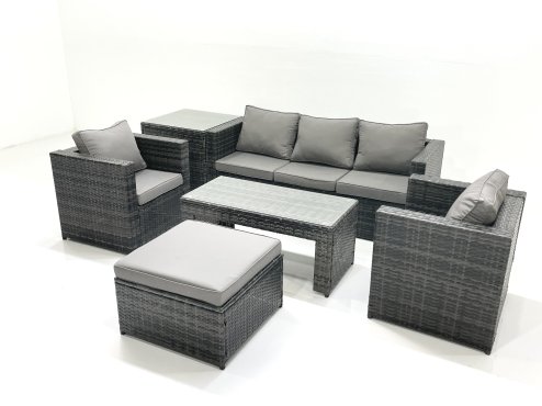 Fimous Rattan Garden Furniture Set Outdoor Lounger Sofa with Coffee Table 2 Armchair Big Footstool Side Table Dark Grey Mixed