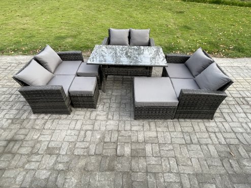 Fimous Wicker PE Rattan Garden Furniture Sets Outdoor Lounge Sofa Set with Oblong Dining Table Double Seat Sofa 3 Footstools Dark Grey Mixed