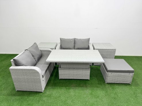 Fimous 5 Seater Outdoor Love Sofa Set Rattan Garden Furniture Set with Adjustable Lifting Dining or Coffee Table Big Footstool 2 Side Tables Light Grey