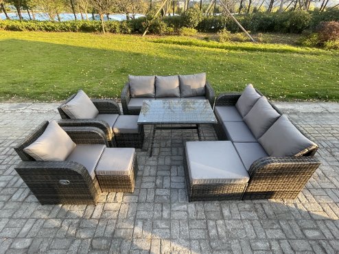 Fimous 11 Seater Rattan Outdoor Garden Furniture Sofa Set Patio Table & Chairs Set with 3 Seater Sofa Rectangular Dining Table 3 Footstool Dark Grey Mixed