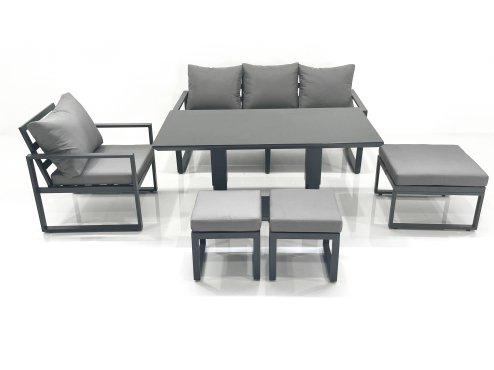 Fimous Outdoor Aluminium Garden Furniture Set with Adjustable Rising Lifting Dining Table 3 Seater Sofa Chair 3 Footstools Dark Grey