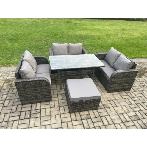 Fimous Wicker PE Rattan Sofa Outdoor Garden Furniture Set with Rectangular Dining Table Big Footstool Dark Grey Mixed