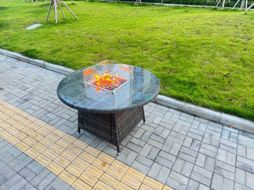 Fimous 7-Piece PE Rattan Garden Furniture with Big Round Gas Firepit Table and 6 Chairs for Patio Dark Grey Mixed