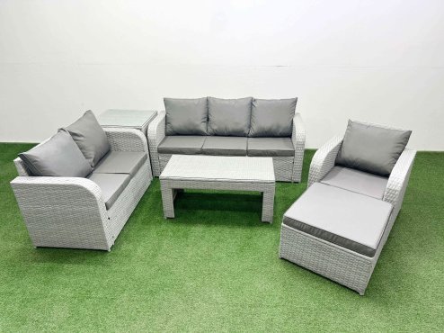 Fimous Patio PE Wicker 7 Seater Outdoor Rattan Furniture Sofa Sets with Oblong Coffee Table Reclining Chair Loveseat Sofa 3 Seater Sofa Big Footstool Side Table Light Grey