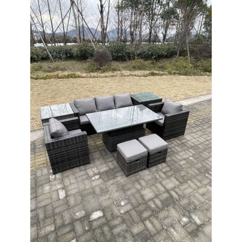 Fimous Rattan Garden Furniture Adjustable Rising Lifting Dining Table Sofa Set Chairs 2 Side Coffee Tables with 2 Stools
