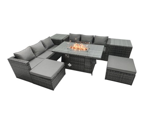 Fimous Rattan Garden Furniture Firepit Dining Set 8 Seater Lounge Sofa Table Set with 2 Side Tables 2 Footstool
