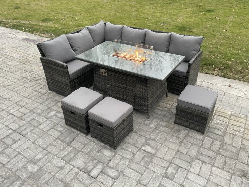 Fimous Rattan Garden Furniture High Back Corner Sofa Gas Fire Pit Dining Table Sets Gas Heater with 3 Small Footstools 9 Seater Dark Grey Mixed