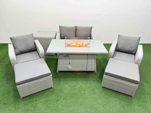 Fimous Light Grey PE Wicker Rattan Garden Furniture Set Sofa Set Reclining Chair Firepit Dining Table 6 Seater 2 Big Stools Side Table