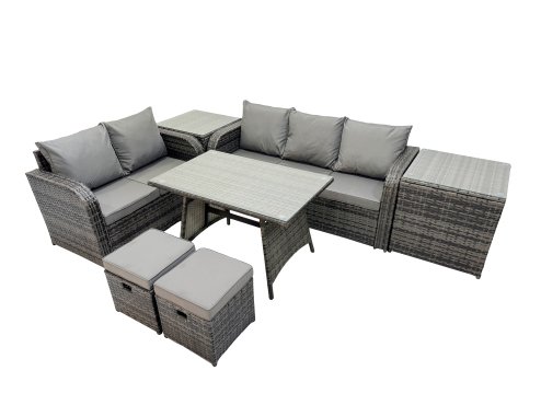 Fimous Garden Rattan Outdoor Furniture Set 7 Seater with Love Sofa 3 Seater Sofa 2 Side Table 2 Small Stools Dark Grey