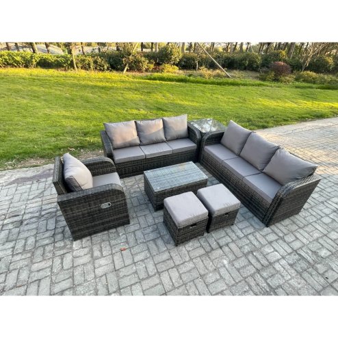 Fimous 9 Seater Rattan Outdoor Garden Furniture Sofa Set Patio Table & Chairs Set with 3 Seater Sofa Reclining Chair 3 Seater Sofa Side Table 2 Small Footstools Dark Grey Mixed