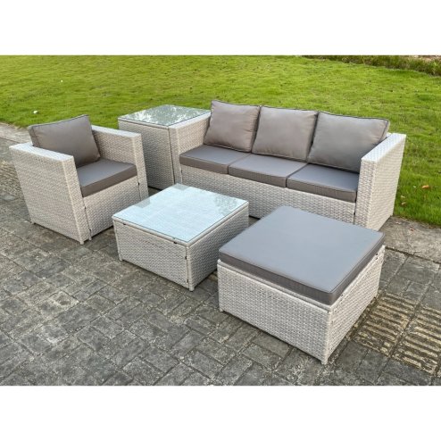 Fimous Light Grey Lounge Outdoor PE Rattan Garden Furniture Set Wicker Sofa Set Square Coffee Table Armchair Side Tea Table