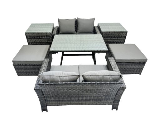 Fimous 6 Seater Wicker PE Rattan Furniture Outdoor Dining Table Double Seat Sofa 2 Big Stool 2 Side Table Set Dark Grey Mixed