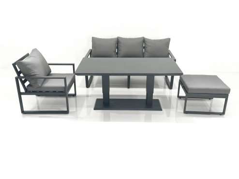 Fimous Outdoor Aluminium Garden Furniture Set with Adjustable Rising Lifting Dining Table 3 Seater Sofa Chair Big Footstool Dark Grey