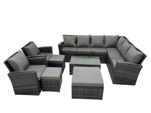 Fimous Rattan Garden Outdoor Furniture Set 11 Seater Garden Sofa Coffee Table Set with Chair 3 Footstools Dark Grey Mixed