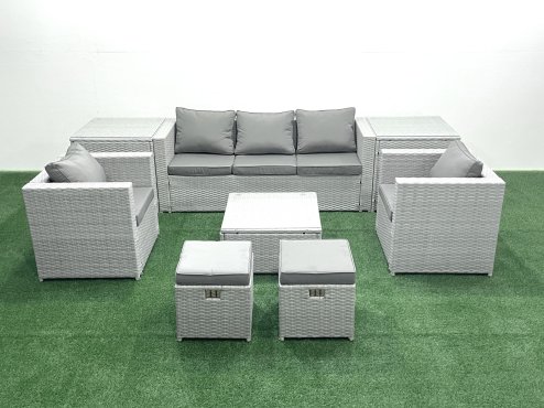 Fimous 7 Seater Rattan Garden Furniture Set with 3 Seater Sofa 2 Chair Square Coffee Table 2 Small Footstools 2 Side Tables Light Grey Mixed