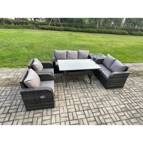 Fimous Dark Grey PE Wicker Rattan Garden Furniture Set Reclining Chair Love Sofa 2 Seater Sofa Set Outdoor Rectangular Dining Table Side Table 7 Seater