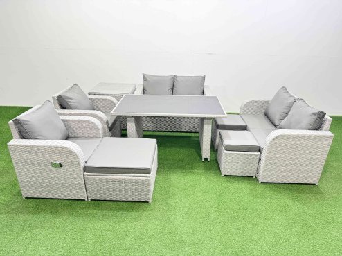 Fimous 9 Pieces Outdoor PE Rattan Sofa Reclining Chair Set Patio Garden Furniture Sets with Cushions Side Table 3 Stools Light Grey