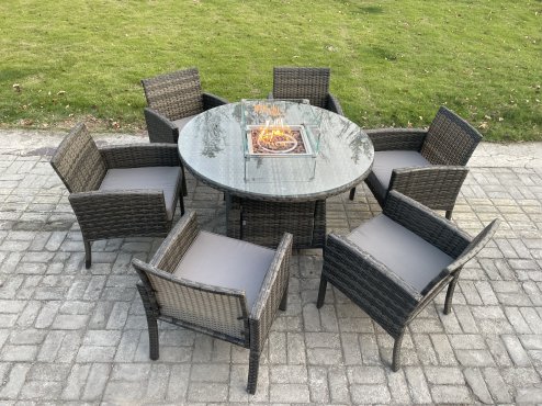 Fimous Outdoor Rattan Garden Furniture Set Gas Fire Pit Round Table Sets Gas Heater with 6 Seater Dining Cahirs Dark Grey Mixed