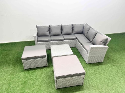 Fimous Garden Outdoor PE Rattan Furniture Set 8 Seater Rattan Garden Sofa Set with Square Coffee Table Light Grey Mixed