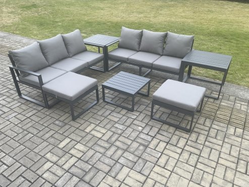 Fimous Aluminium 8 Seater Outdoor Garden Furniture Lounge Sofa Set with Square Coffee Table 2 Side Tables 2 Big Footstools Dark Grey