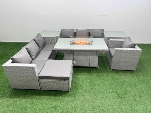 Fimous 8 Seat PE Rattan Lounge Sofa Set Outdoor Garden Furniture Set with Firepit Dining Table 3 Seater Sofa Big Stool 2 Side Tables Light Grey