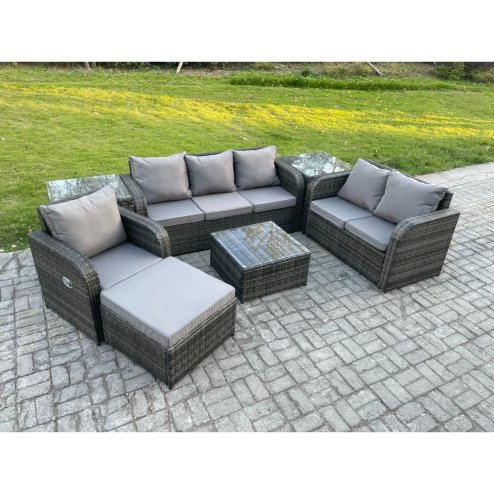 Fimous Rattan Garden Furniture 7 Piece Patio Set With Table Sofa Square Coffee Table Reclining Chair Love seat sofa 2 Side Tables Big Footstool