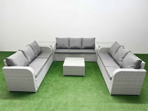 Fimous PE Rattan Lounge Sofa Set 9 Seater Outdoor Garden Furniture Set with Square Coffee Table 3 Seater Sofa 2 Side Table Light Grey