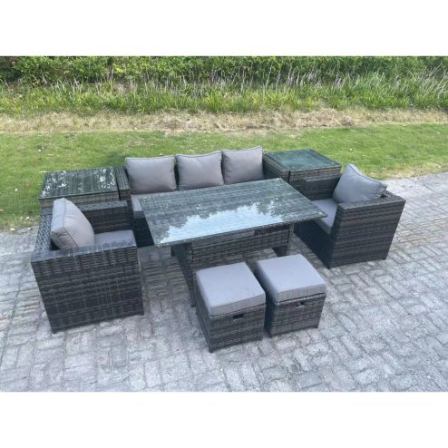 Fimous Outdoor Garden Furniture Set Patio Rattan Rectangular Dining Table Lounge Sofa Chair with 2 Side Table 2 Small Stools Dark Grey Mixed