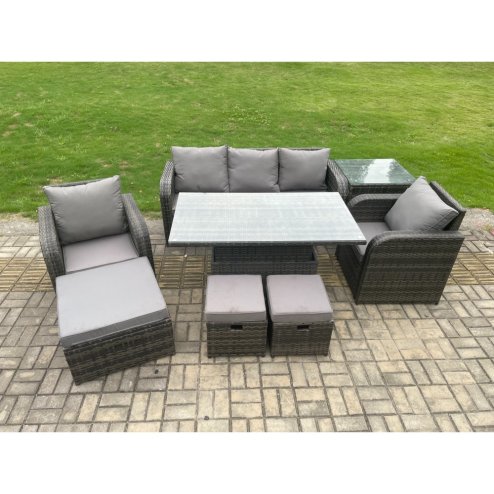 Fimous Outdoor Rattan Furniture Sofa Garden Dining Sets Height Adjustable Rising lifting Table and Chair Set With Side Table 3 Footstools