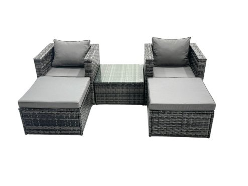 Fimous Outdoor Rattan Garden Furniture Set 4 Seater Patio Lounge Sofa Set with Armchair Square Coffee Table 2 Big Footstools Dark Grey Mixed