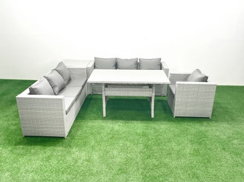 Fimous 5 Pieces Outdoor Rattan Sofa Set with Cushions Patio Garden Furniture Sets with Armchair Dining Table Side Table