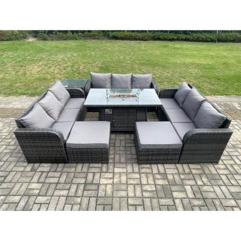 Fimous Outdoor Rattan Furniture Garden Dining Set Gas Fire Pit Table With Side Table Lounge Sofa 2 Big Footstool