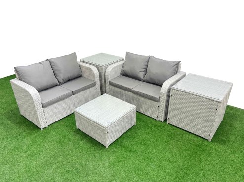 Fimous 4 Seater Outdoor Love Sofa Set Rattan Garden Furniture Set with Square Coffee Table 2 Side Tables Light Grey