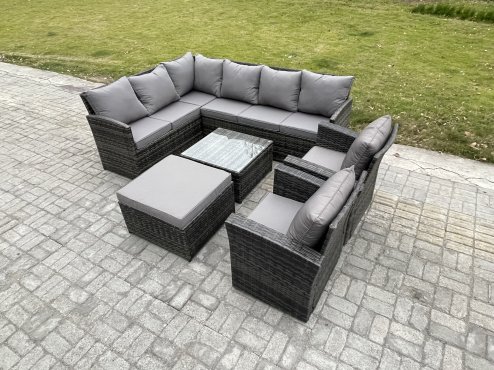 Fimous Rattan Garden Furniture Sets High Back Corner Sofa Square Coffee Table Set with Big Footstool 2 Armchairs Dark Grey Mixed
