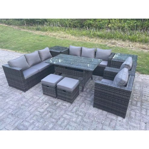 Fimous 10 Seater Outdoor Wicker Garden Furniture Rattan Lounge Sofa Set Patio Rectangular Dining Table with 2 Armchair 2 Side Table 2 Small Stools Dark Grey Mixed