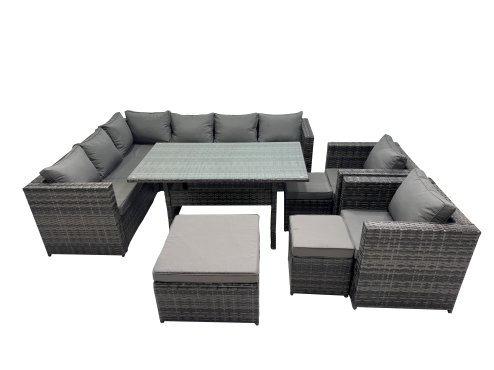 Fimous Outdoor PE Rattan Sofa Set with Dining Table Patio Garden Furniture Sets with 3 Stool Dark Grey Mixed