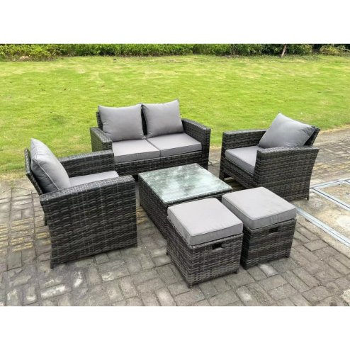 Fimous 6 Seater Dark Grey Mixed High Back Rattan Sofa Set Square Coffee Table Garden Furniture Outdoor 2 Stools