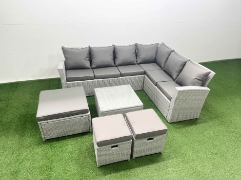 Fimous Garden Outdoor PE Rattan Furniture Set 9 Seater Rattan Garden Sofa Set with Square Coffee Table Light Grey Mixed