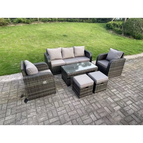 Fimous 7 Seat PE Rattan Garden Furniture Set Adjustable Chair Lounge Sofa Set Oblong Coffee Table Stools Dark Grey Mixed