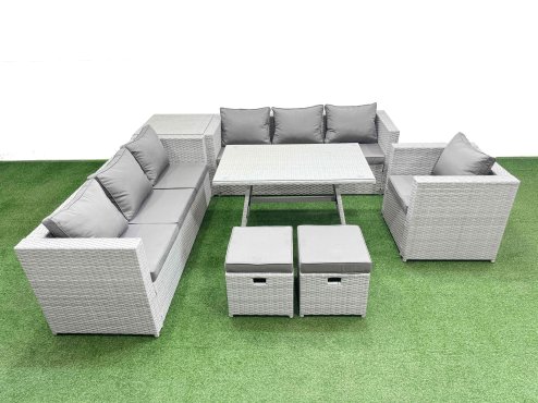 Fimous Outdoor Rattan Garden Furniture Dining Set 9-seater Patio Rectangular Table 3 Seater Sofa Armchair Set with Side Table 2 Small Stools
