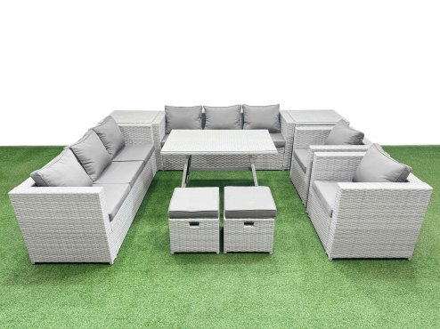 Fimous 10 Seater Garden Furniture Set PE Ratten Garden Sofa Set with Rectangular Dining Table 2 Small Stools 2 Side Tables Light Grey