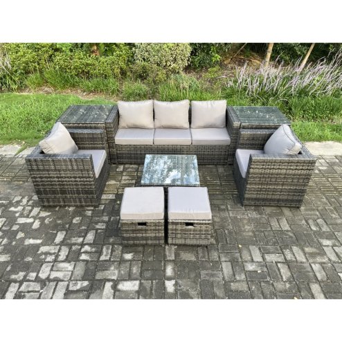 Fimous Wicker 8 Pieces Rattan Garden Furniture Sofa Set with Armchair 2 Side Tables Square Coffee Table 2 Small Footstools Dark Grey Mixed