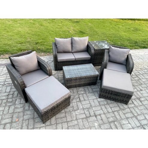 Fimous Outdoor Lounge Sofa Set Rattan Garden Furniture Set with Rectangular Coffee Table 2 Big Footstool Side Table Dark Grey Mixed