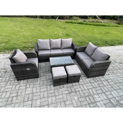 Fimous Outdoor Garden Furniture Sets 6 Pieces Wicker Rattan Furniture Sofa Sets with Rectangular Coffee Table Loveseat Sofa 2 Small Footstools