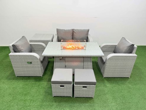 Fimous Light Grey PE Wicker Rattan Garden Furniture Set Sofa Set Reclining Chair Firepit Dining Table 6 Seater 2 Small Stools Side Table