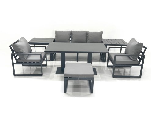 Fimous Outdoor Aluminium Garden Furniture Set with Adjustable Rising Lifting Dining Table 3 Seater Sofa 2 Chair Big Footstool 2 Side Tables Dark Grey