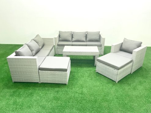 Fimous Wicker PE Rattan Sofa Garden Furniture Set with Oblong Coffee Table Armchair 2 Big Footstools Light Grey Mixed